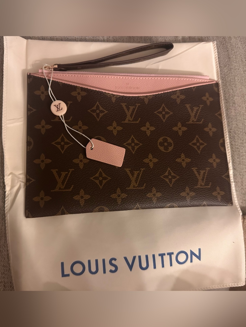 Source Unknown Brown Monogram Wristlet Clutch with Pink Trim